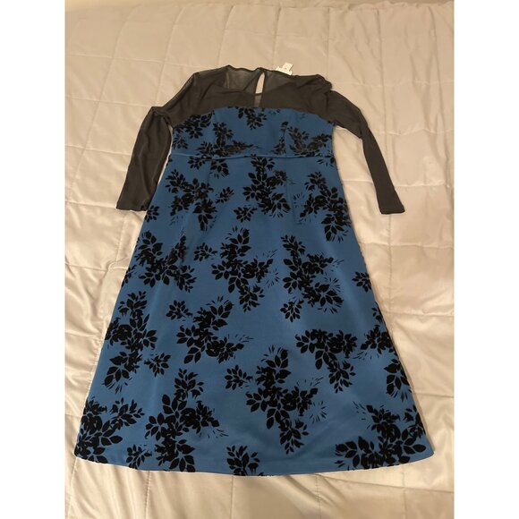 Motherhood Maternity Blue & Black Floral Mesh Overlay Dress Sheer Sleeves Empire - Picture 2 of 4